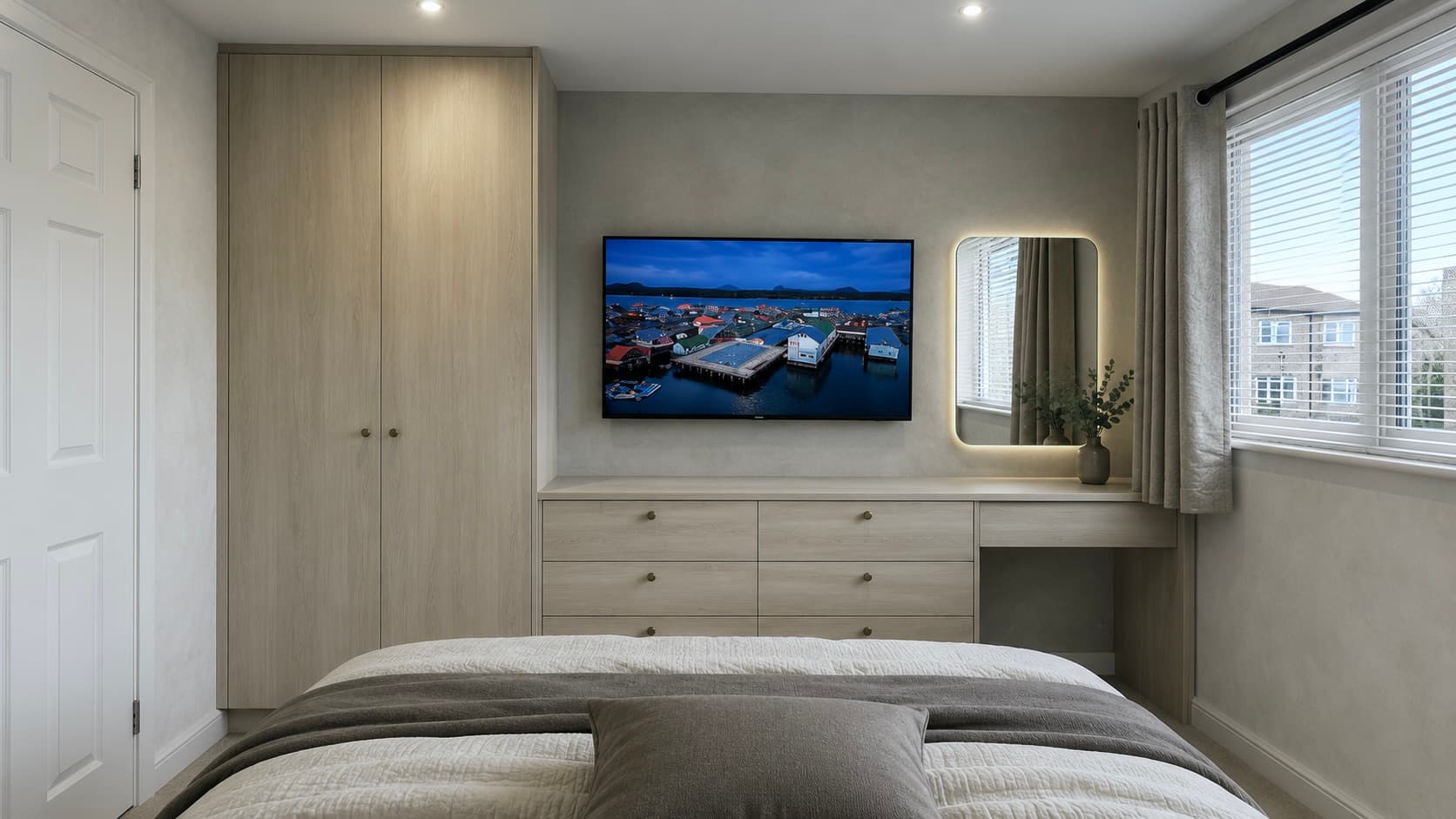 Wood-effect fitted bedroom with a built-in dressing table in Uxbridge