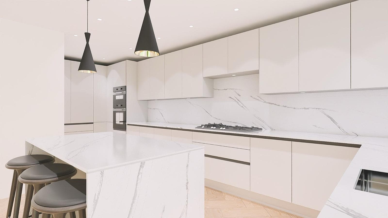 Contemporary handleless kitchen with a Calacatta-marble island and cream cabinetry