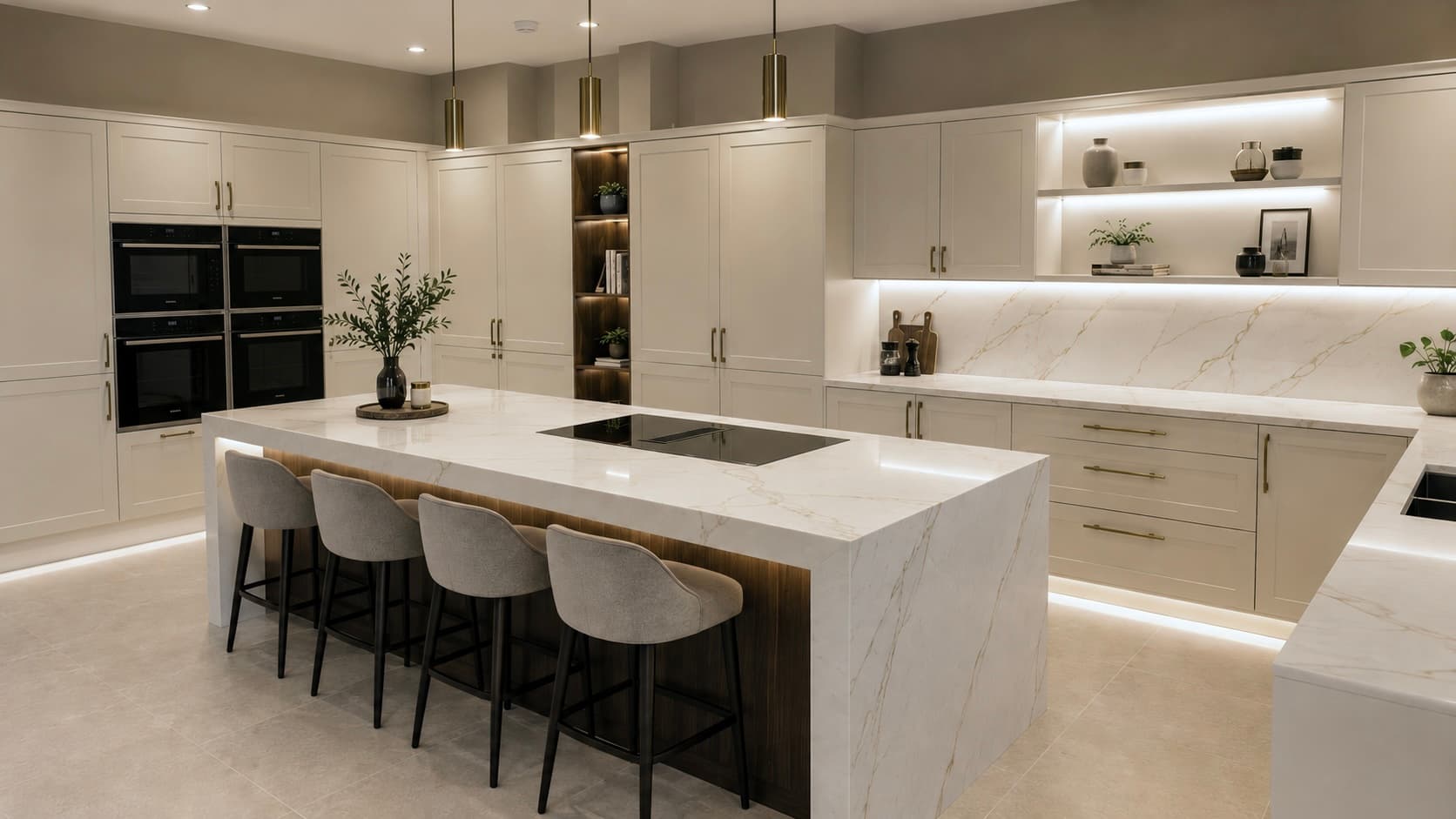 Ivory in-frame Shaker kitchen with a marble-clad island in New Malden