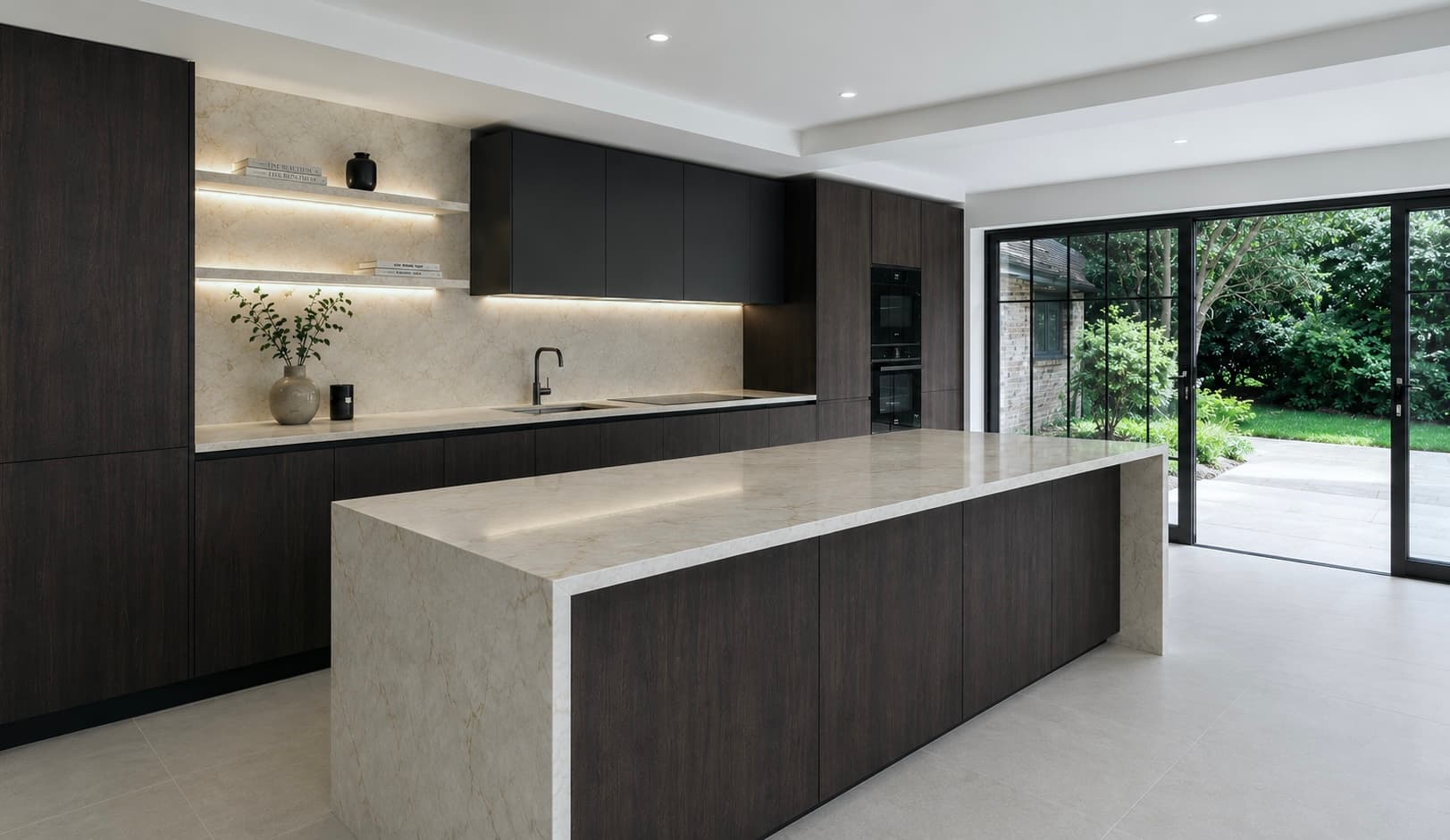 Dark wood-grain kitchen with a natural-stone waterfall island in Slough
